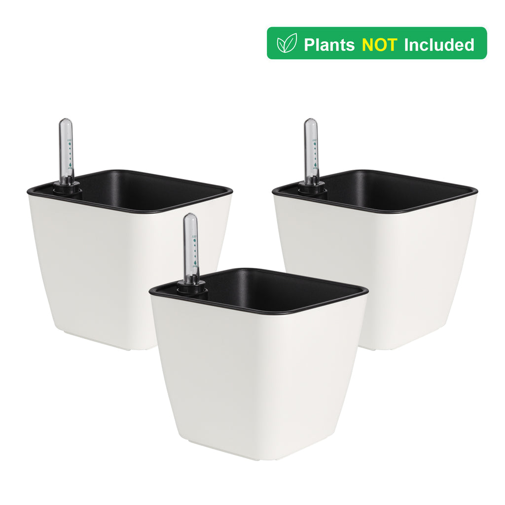 P1677 Square Self Watering Planter Pots with Indicators -3pcs, White, 5.5"