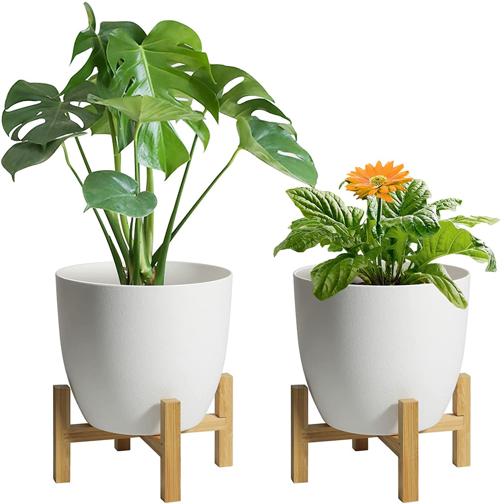 self watering plastic planters with Bamboo stands T4U