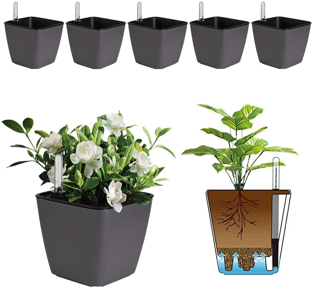 Grey Square Self Watering Plastic Planter with Water Level Indicator T4U