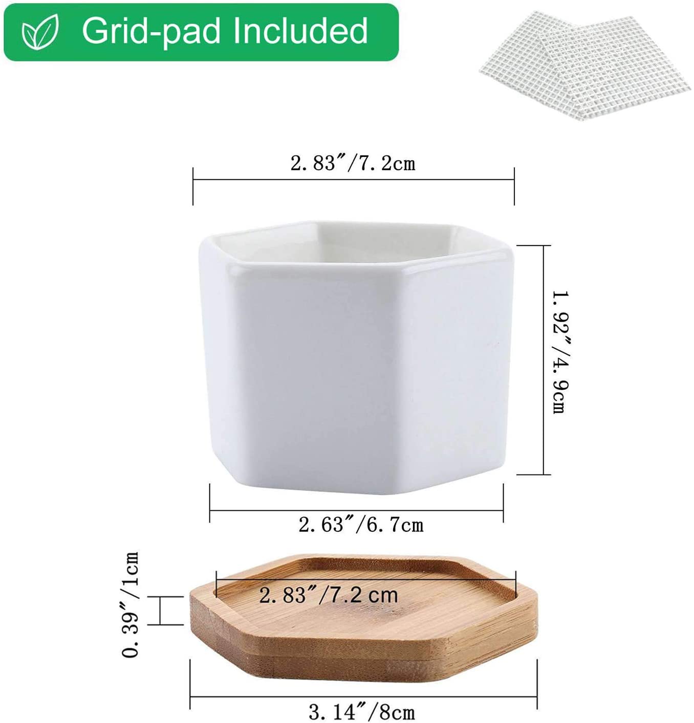 White Hexagon Ceramic Succulents Pots with Bamboo Tray T4U